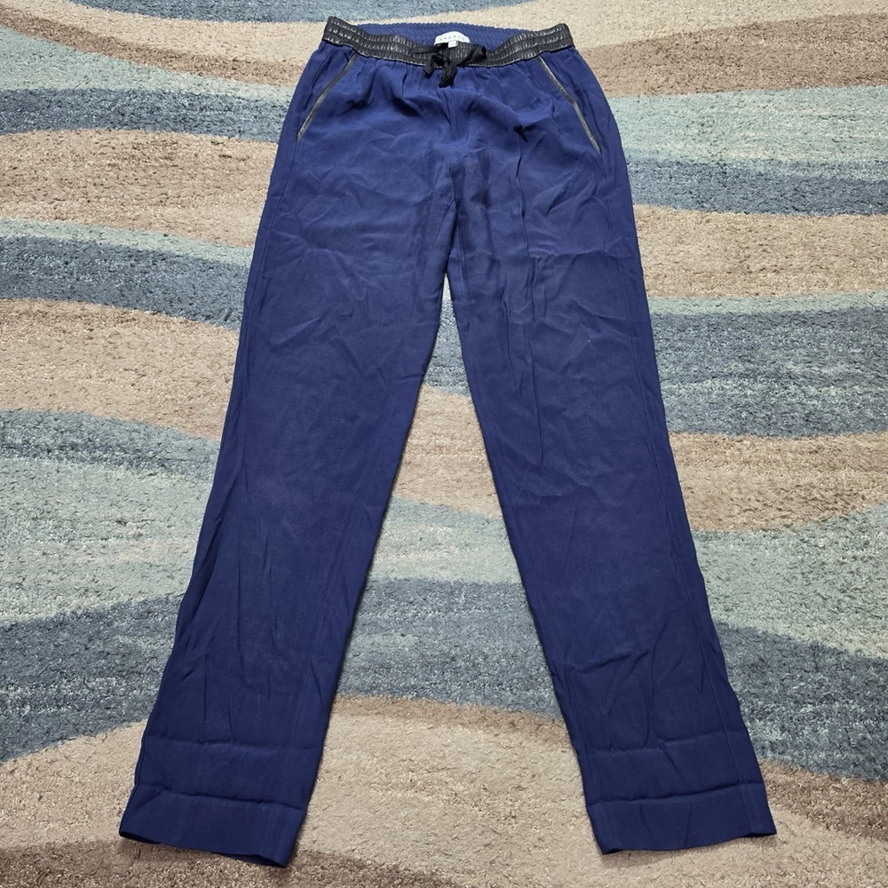 Sandro Womens Pants Size 1 Blue Jogger Leather Trim Drawstring Casual